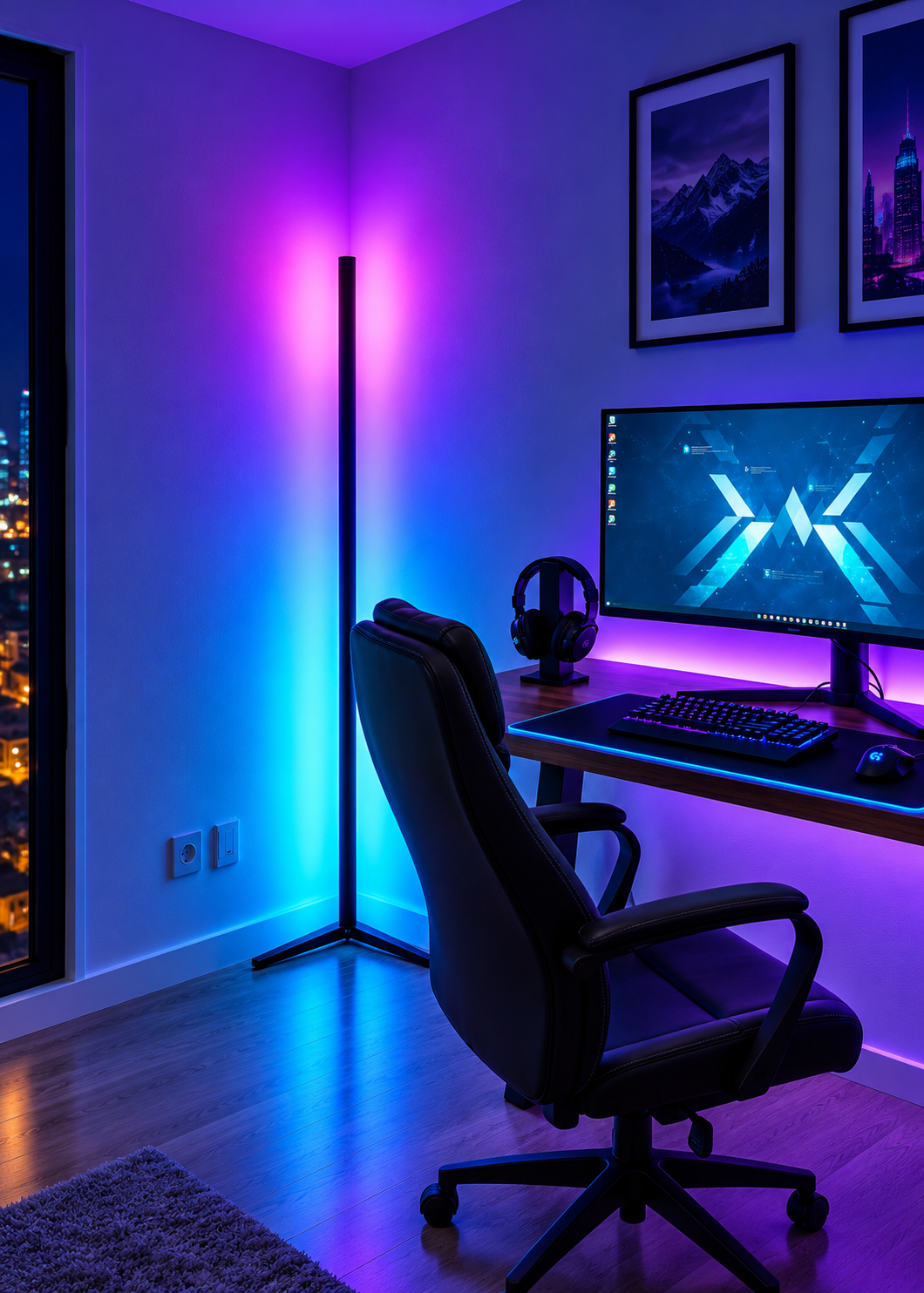 Chambre gaming éclairée en violet et cyan par une lampe LED RGB sur pied